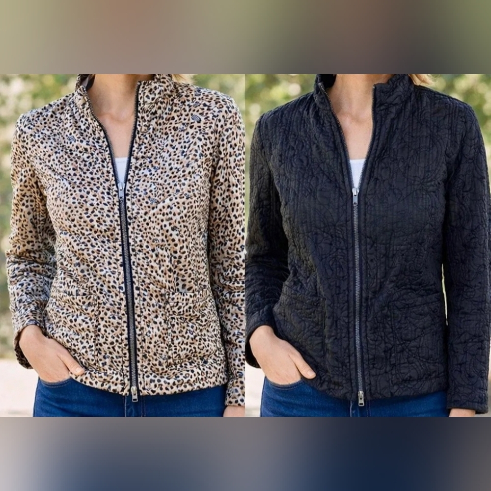 Chico's Reversable Quilted Metallic Leopard-Pattern  Jacket - Gold & Black